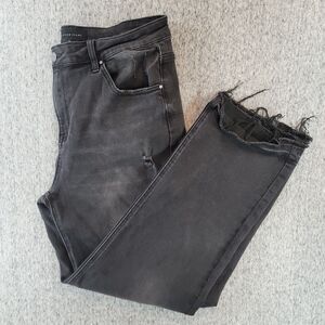 Risen Black Distressed Raw Hem Jeans Womens Size 1XL Stretch Frayed Straight Leg